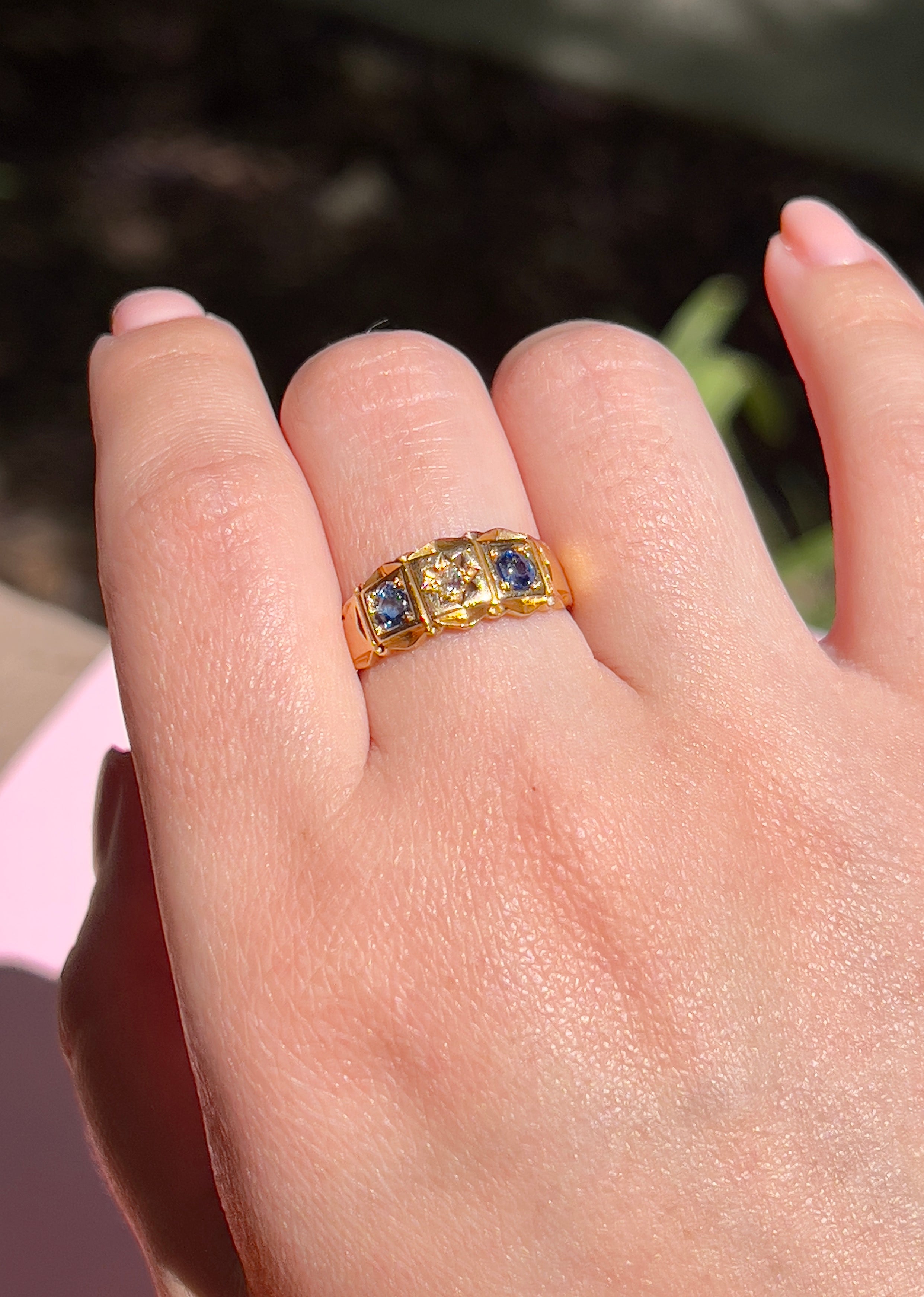 Edwardian 18K Sapphire & Old Mine Cut Diamond Celestial Star Ring, Size 7, Chester 1901