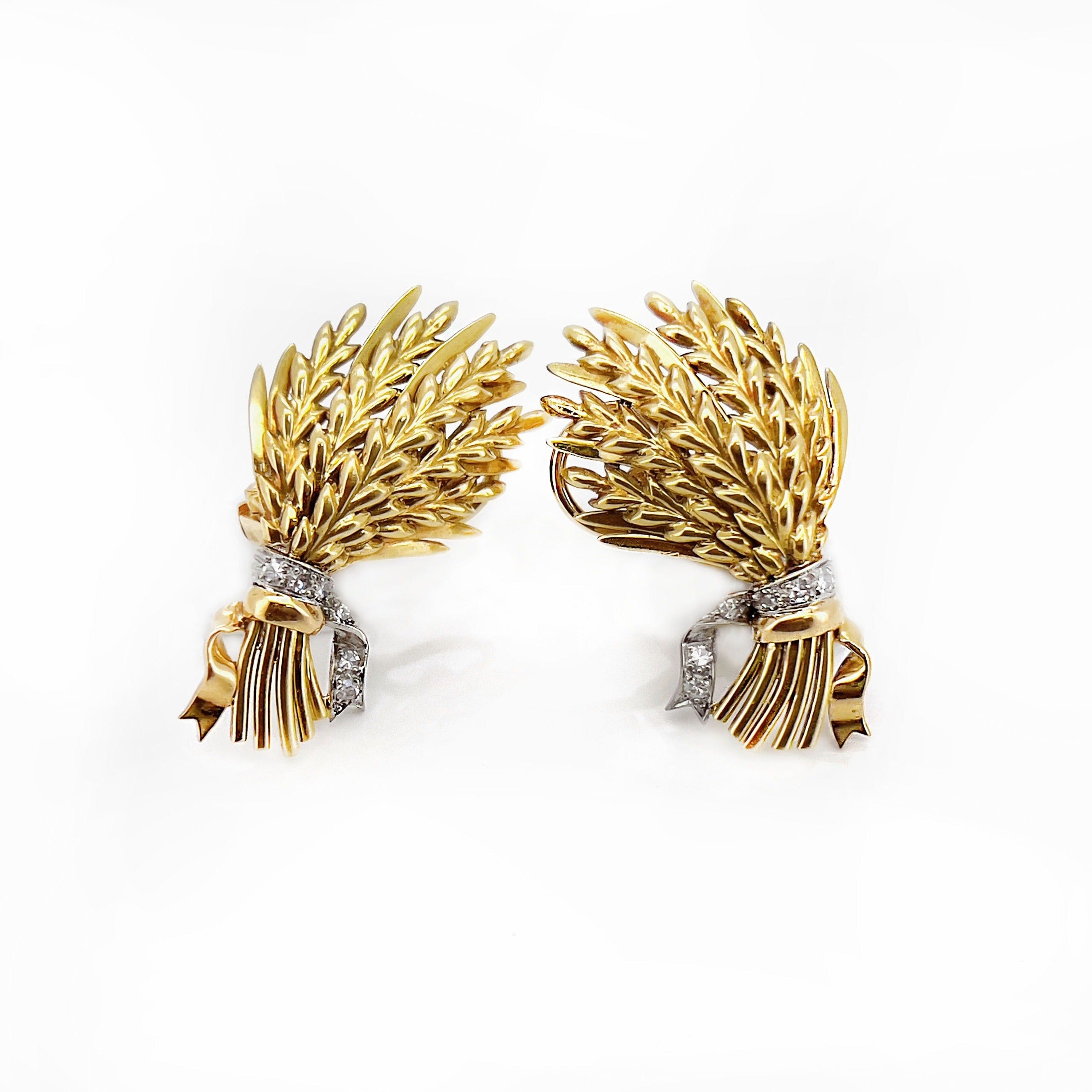 Vintage Gold, Platinum, & Diamond Wheat Stalk Clip On Earrings