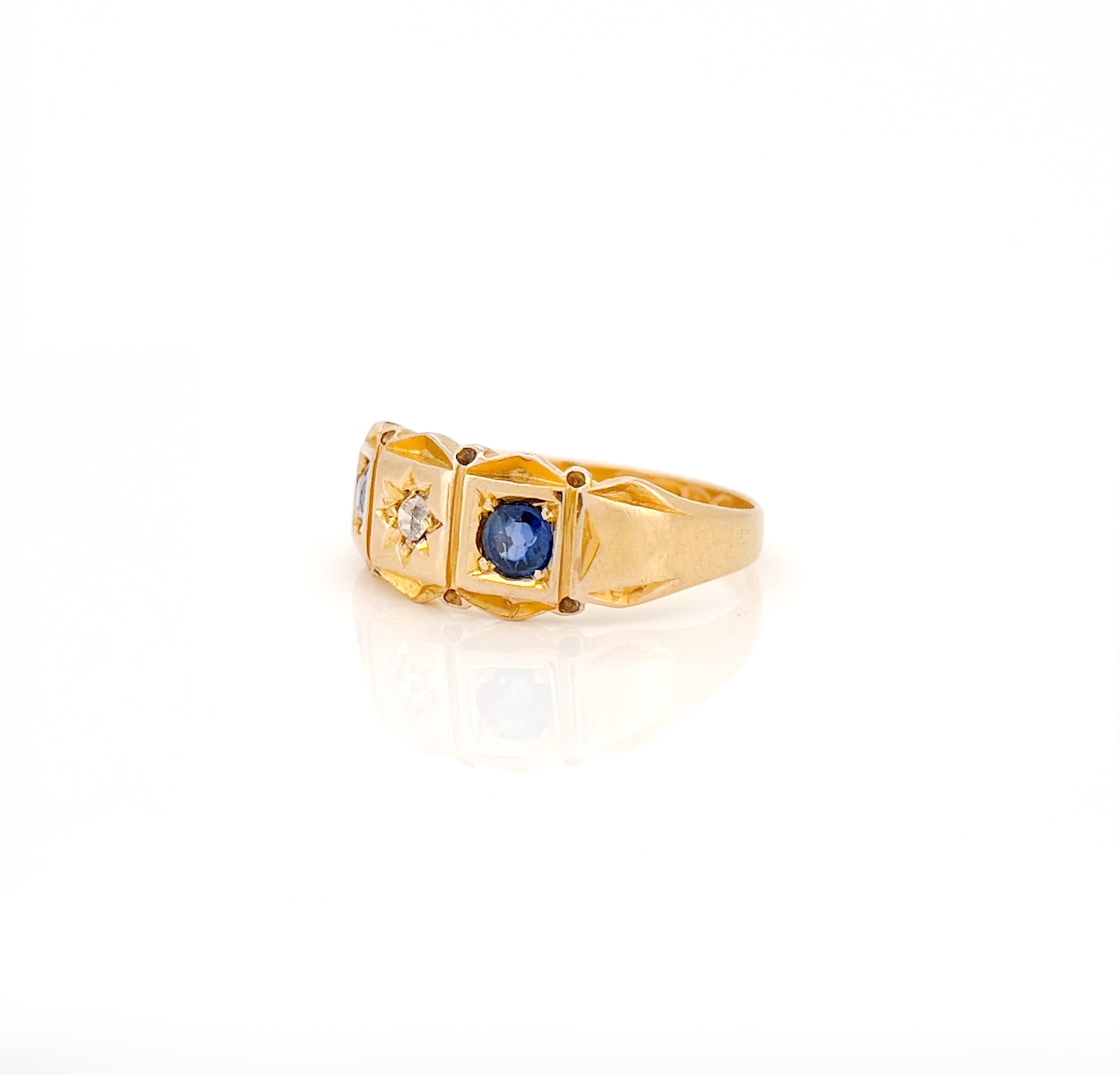 Edwardian 18K Sapphire & Old Mine Cut Diamond Celestial Star Ring, Size 7, Chester 1901