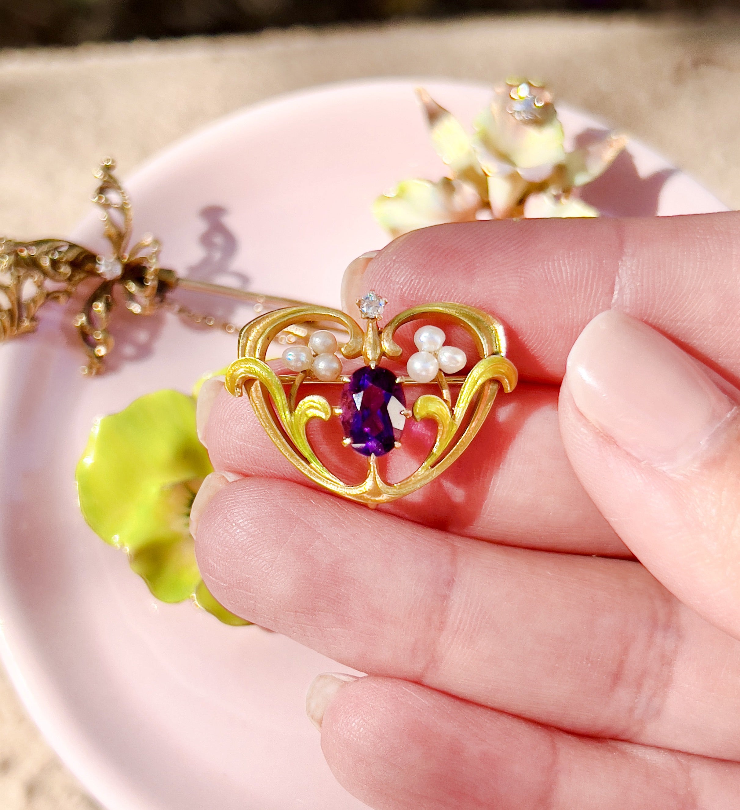 Art Nouveau Amethyst, Pearl & Enamel Brooch, Watch Pin, 14K