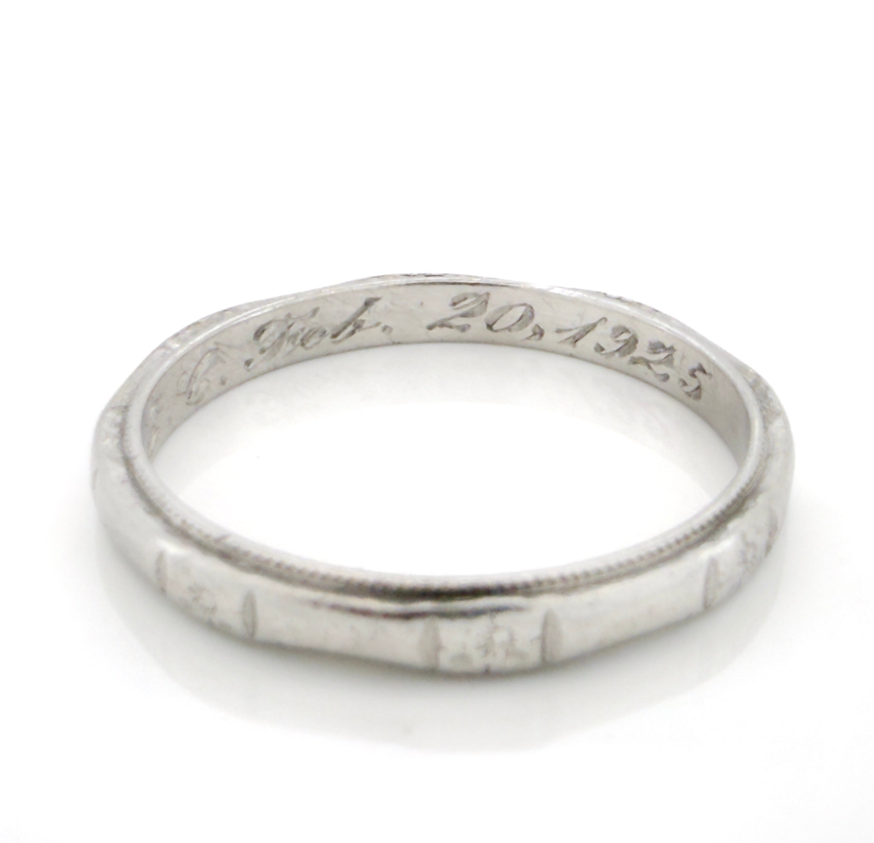 Antique Art Deco Platinum Engraved Orange Blossom Band, Feb. 20,1925,  Size 6.25
