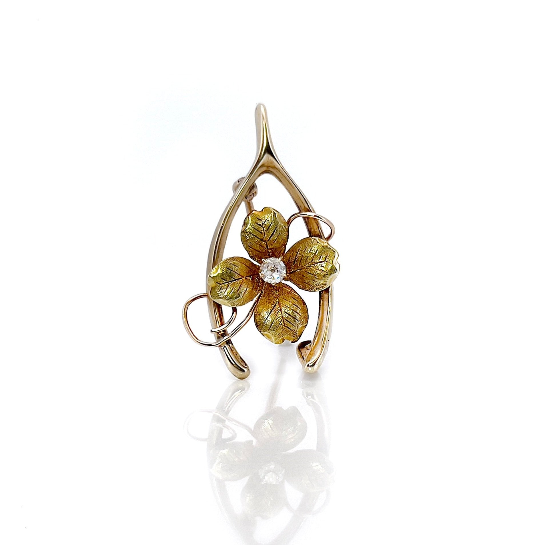 Antique Wishbone & Four Leaf Clover Brooch, 10K