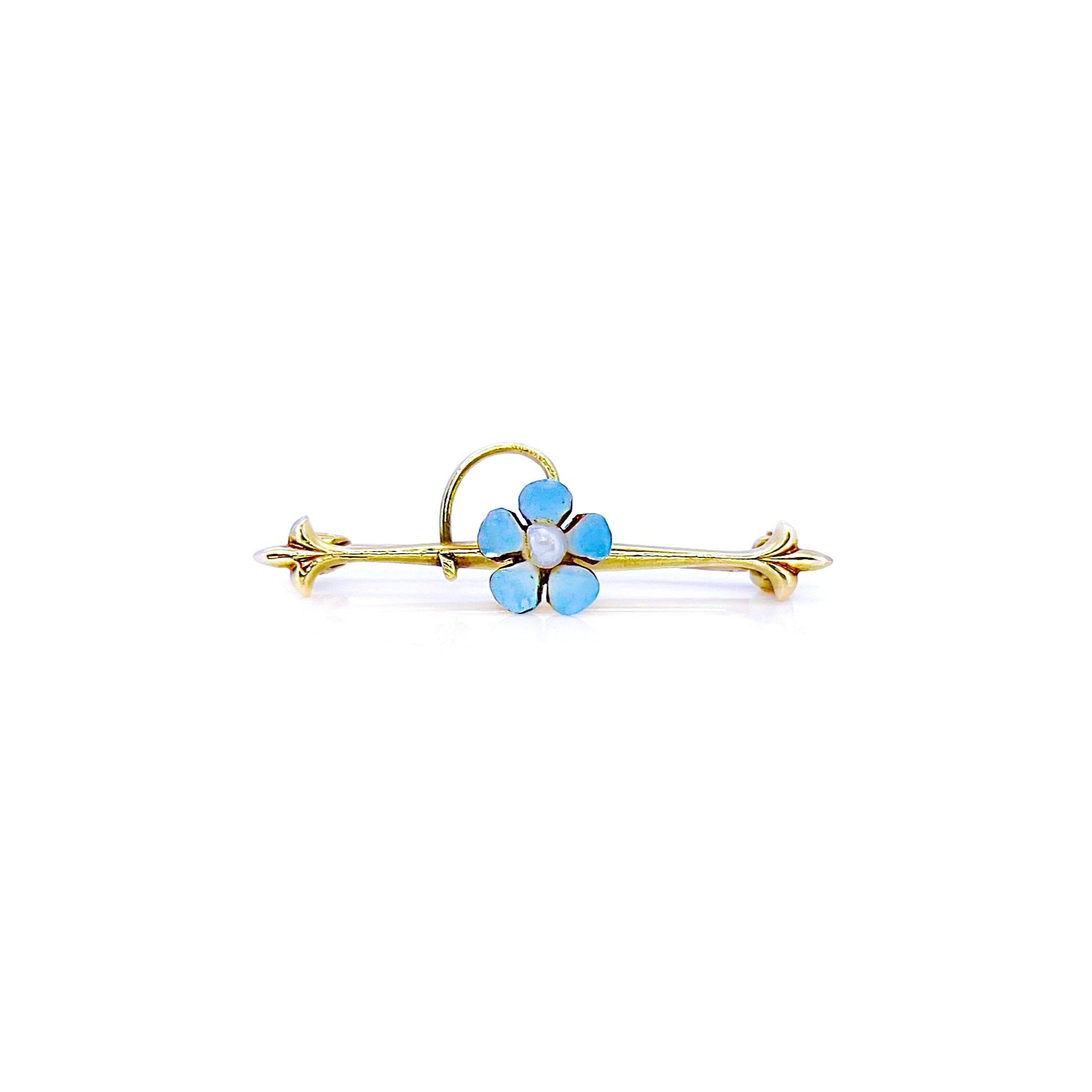 Antique Forget Me Not, Blue Enamel Flower Brooch, 10K