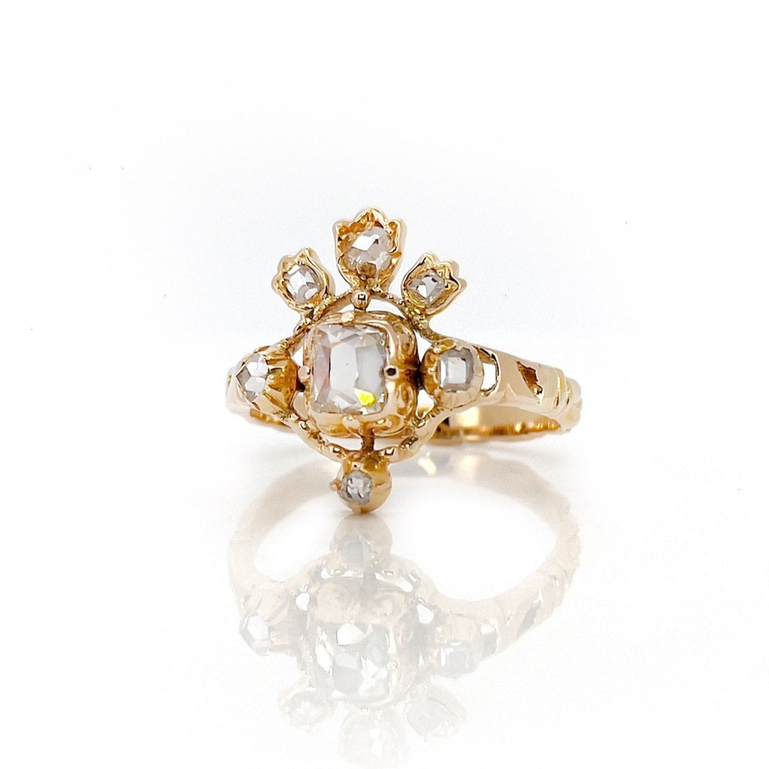 Victorian 14K Diamond Tiara Ring, Renaissance Revival, Size 10