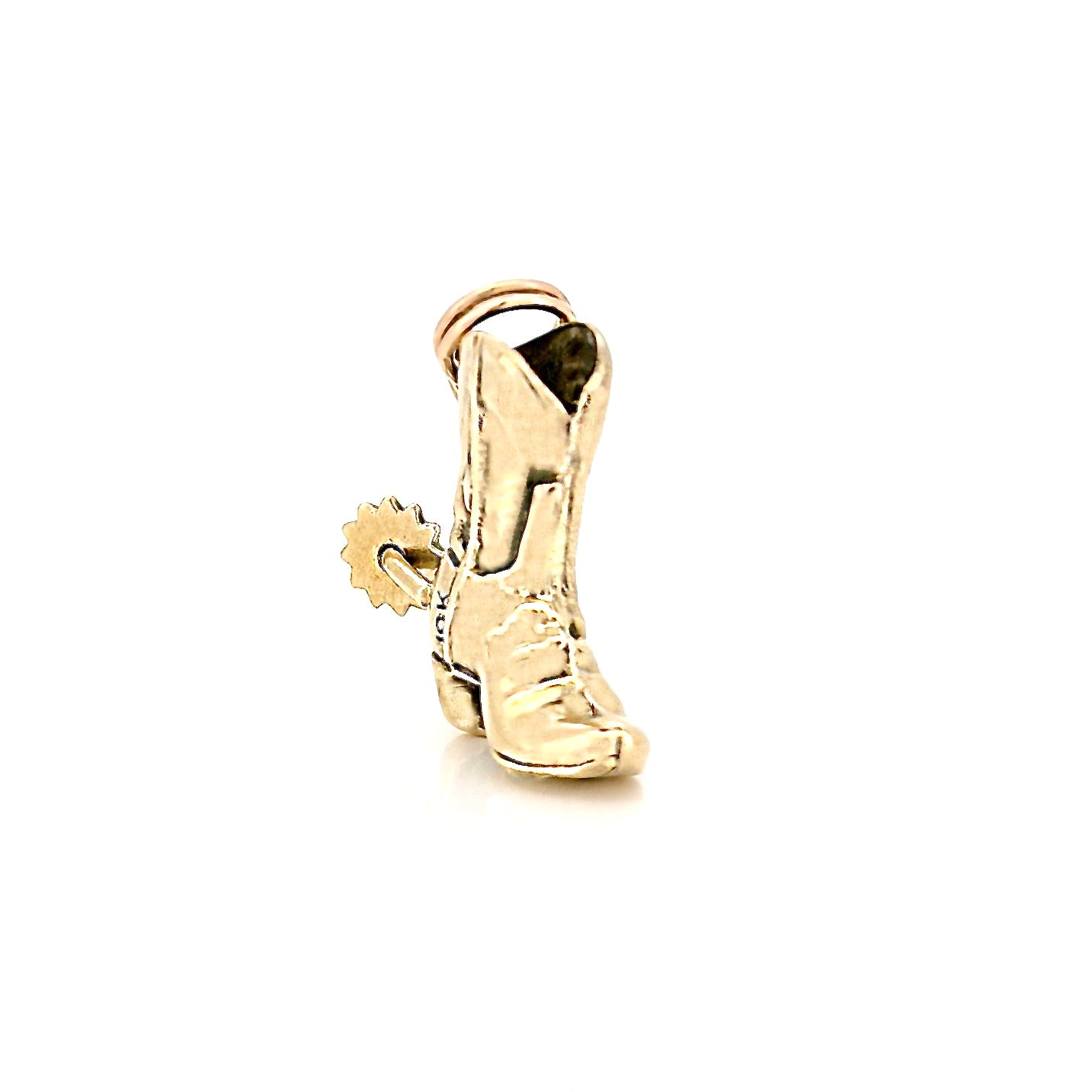 Gold cowboy boot charm on a white background