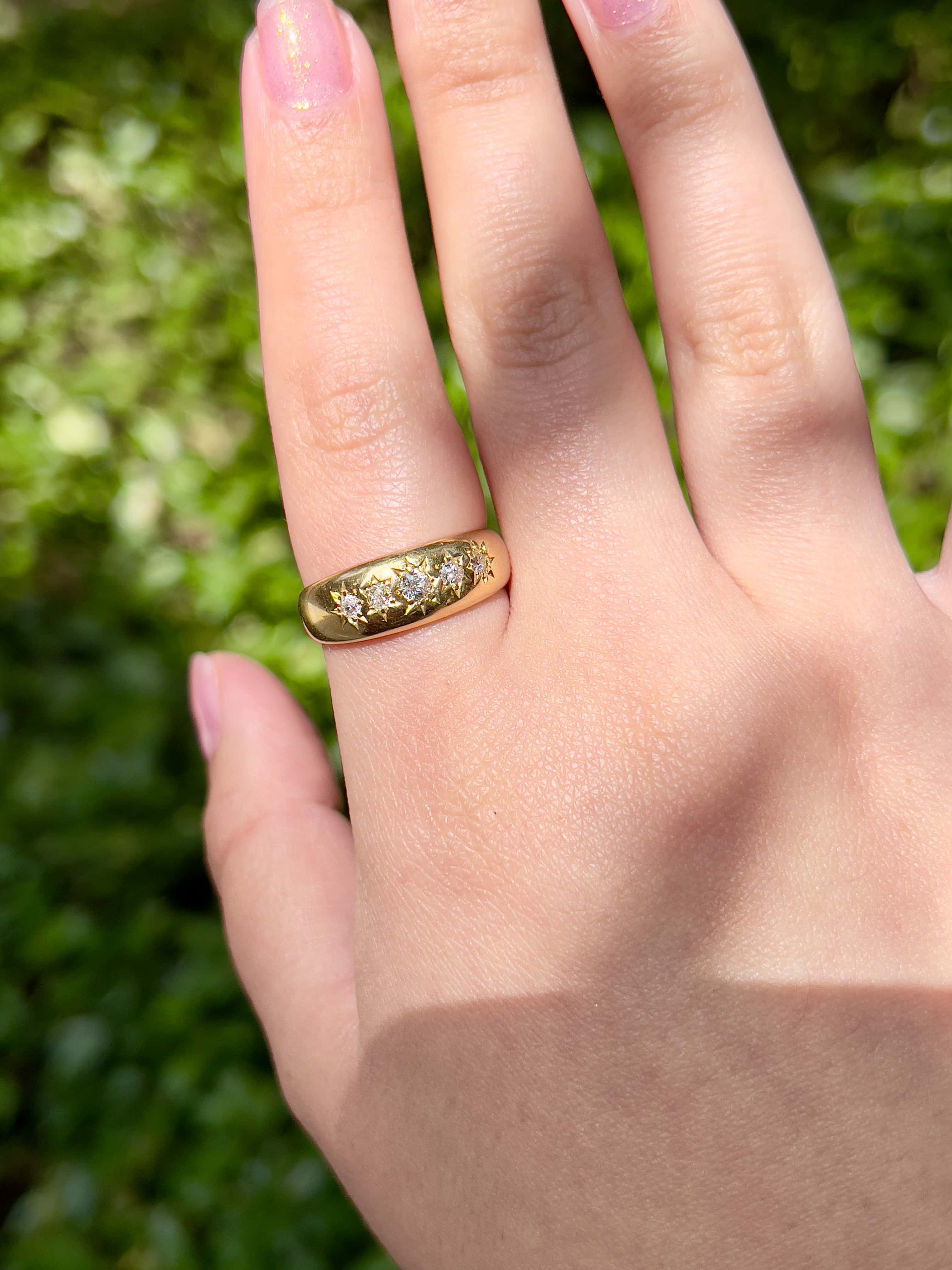 Antique 5 Old Cut Diamond Celestial Ring, Chester 1907, 18K, Size 9