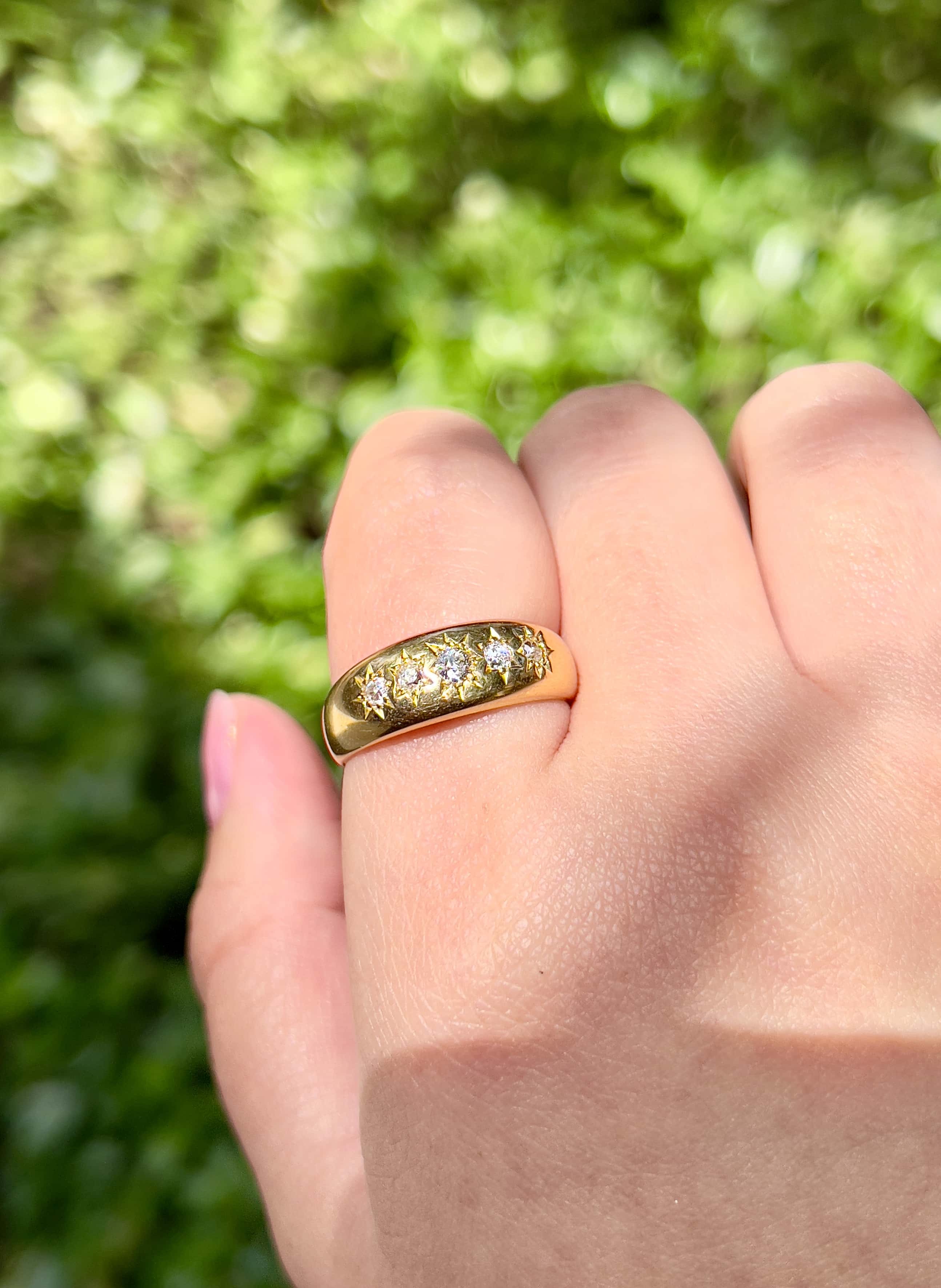 Antique 5 Old Cut Diamond Celestial Ring, Chester 1907, 18K, Size 9