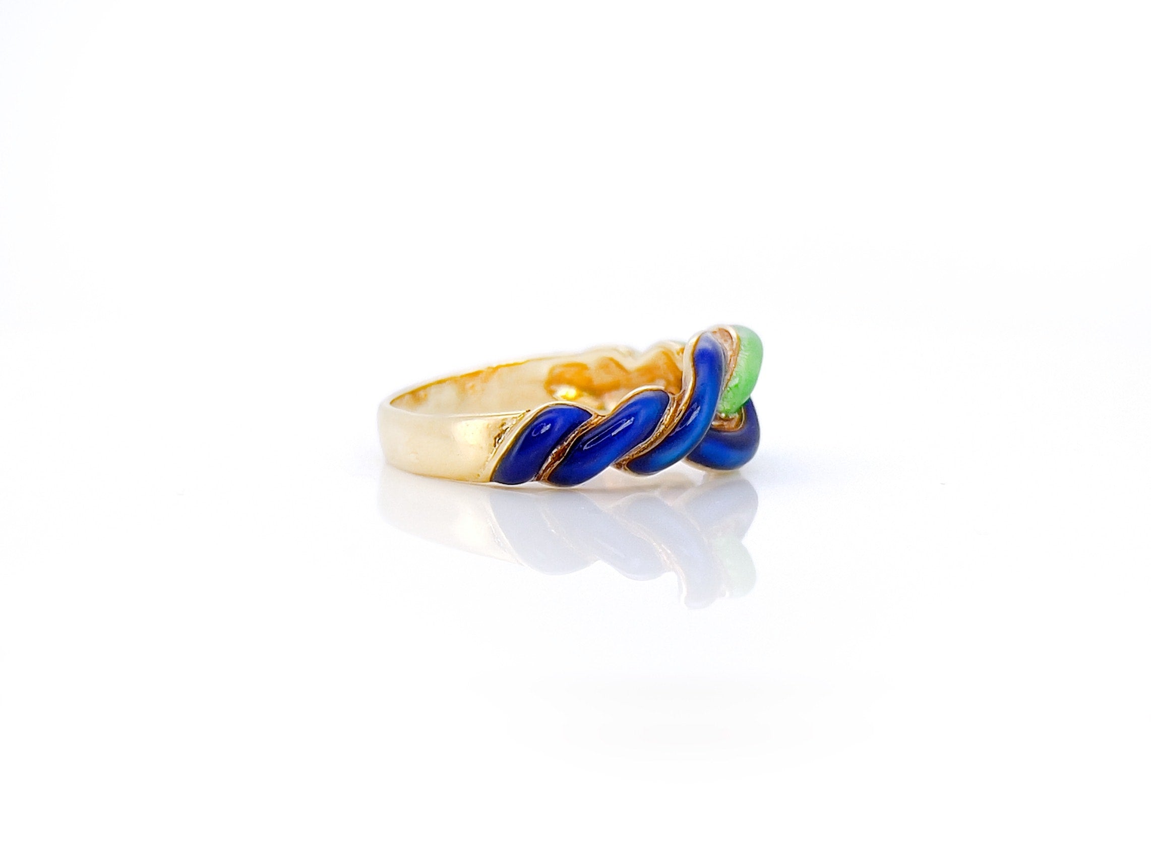 Vintage Blue and Green Enamel Gold Knot Ring, Size 7.75