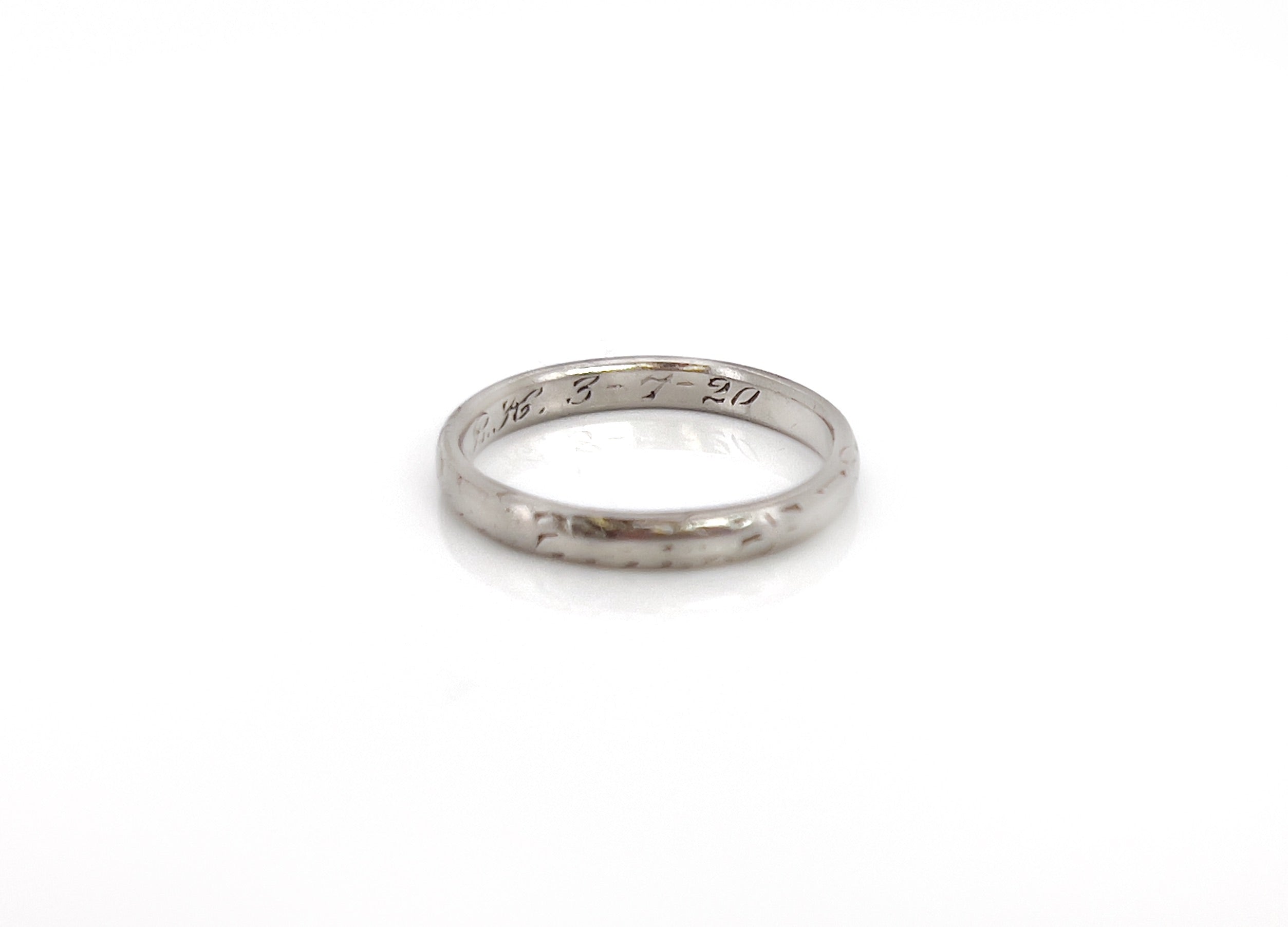 Art Deco, Platinum Wedding Ring, B.E.W. to M.B.K 3–7–20, Size 5.5