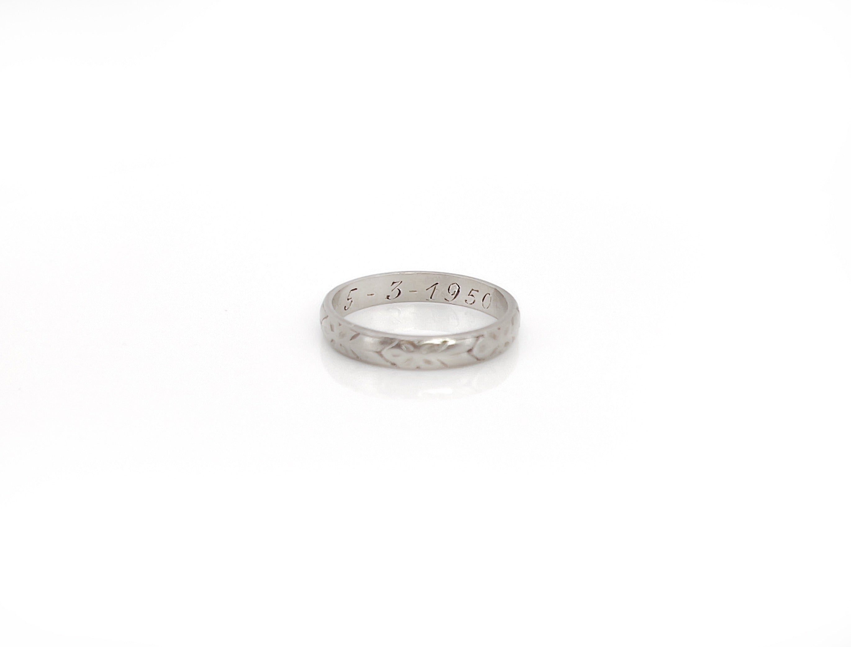Mid Century Platinum Wedding Ring, Paul 5-3-1950, Size 6.75