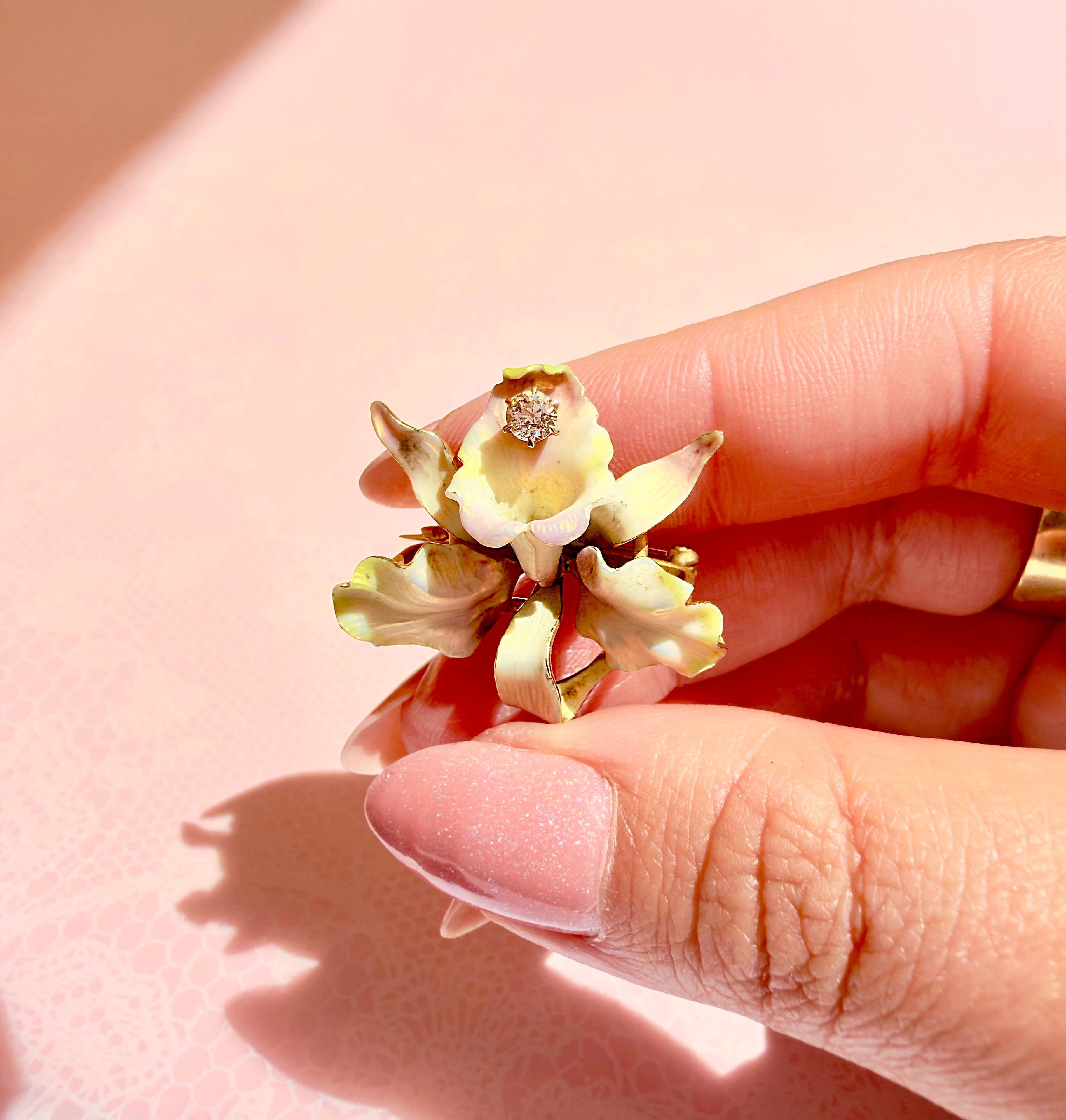 Victorian 14KT Iridescent Enamel Orchid Brooch