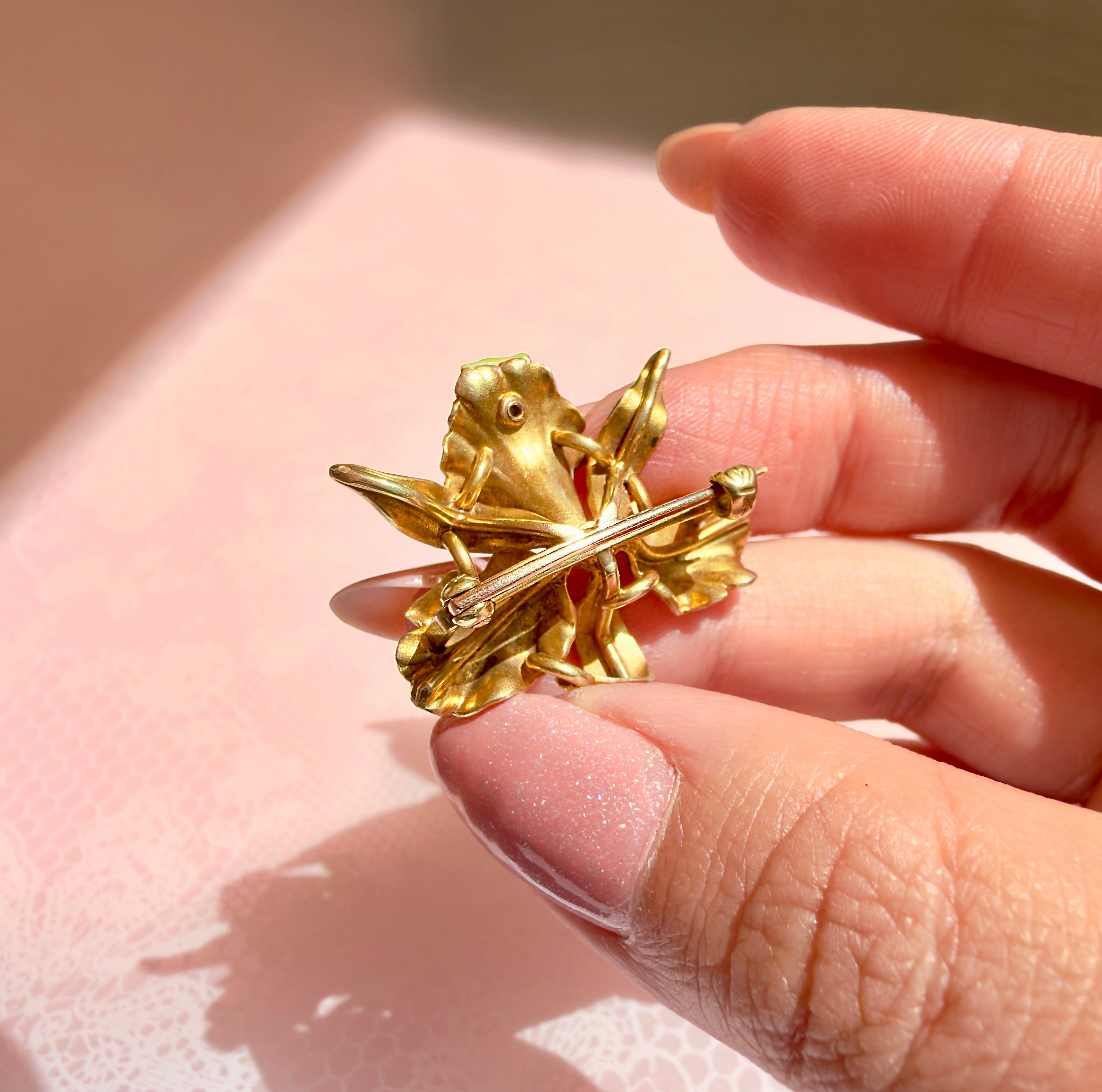 Victorian 14KT Iridescent Enamel Orchid Brooch