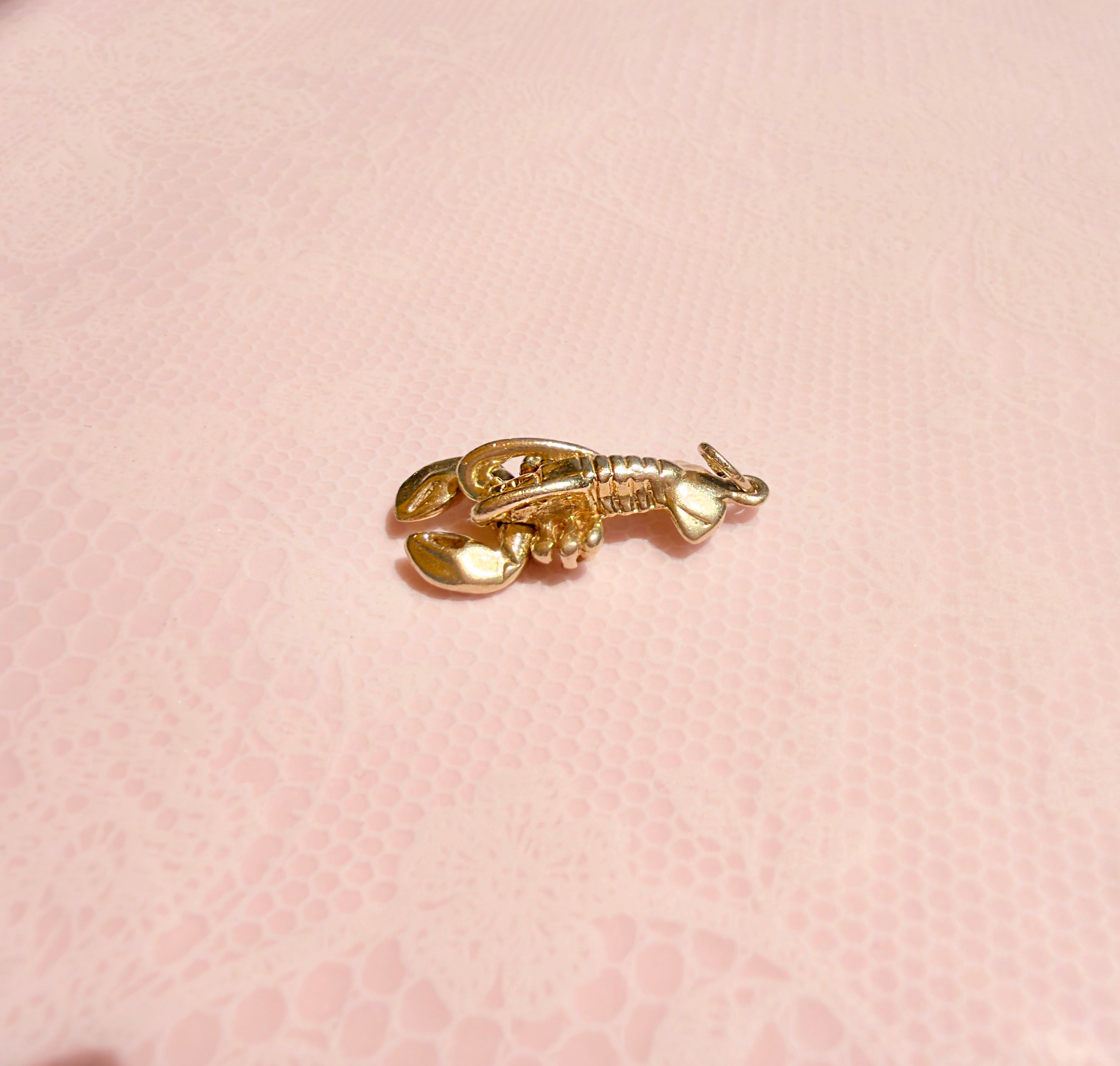 Gold lobster charm on a pink textured background