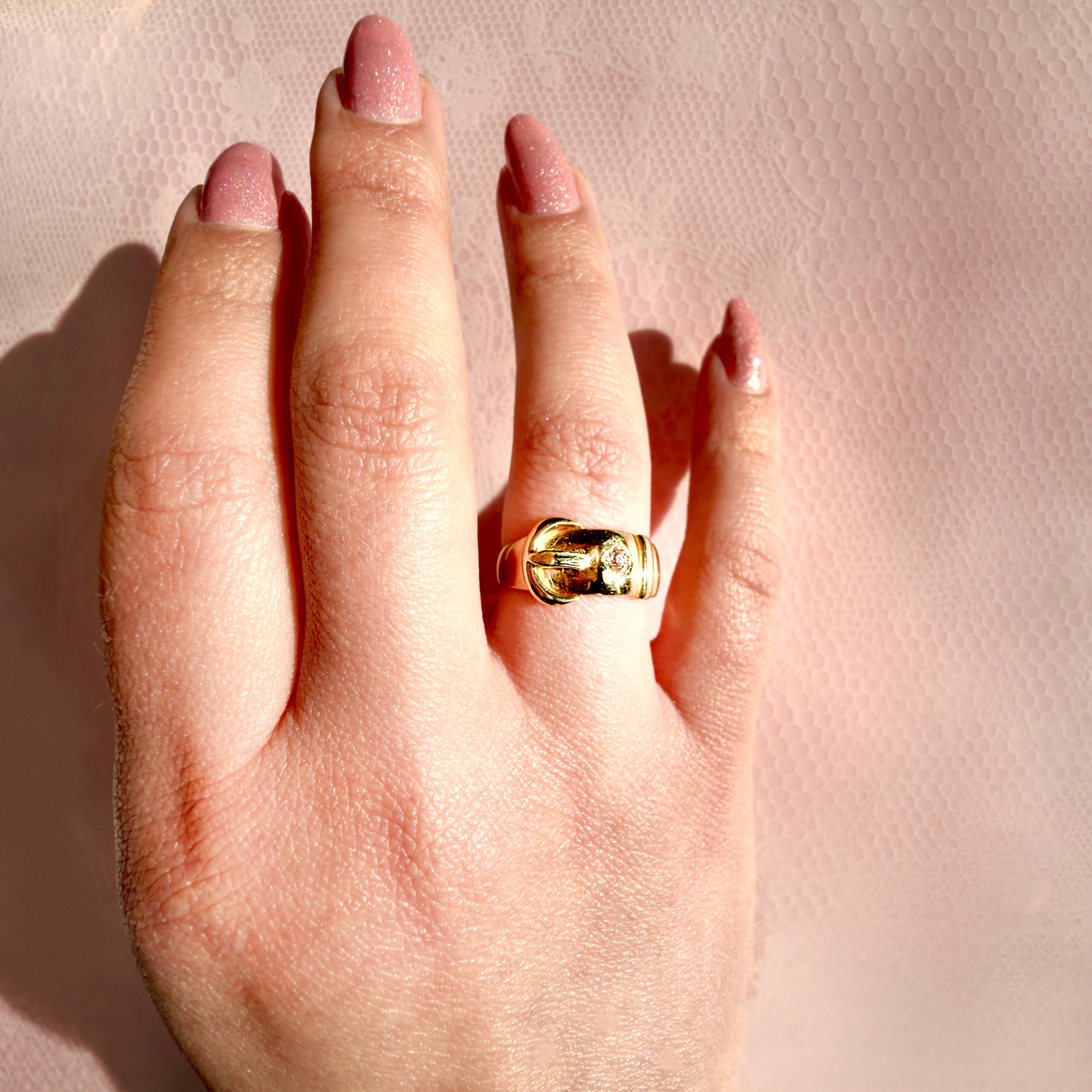 Victorian 18K Old Mine Cut Diamond Buckle Ring, Size 6.75, Chester 1897