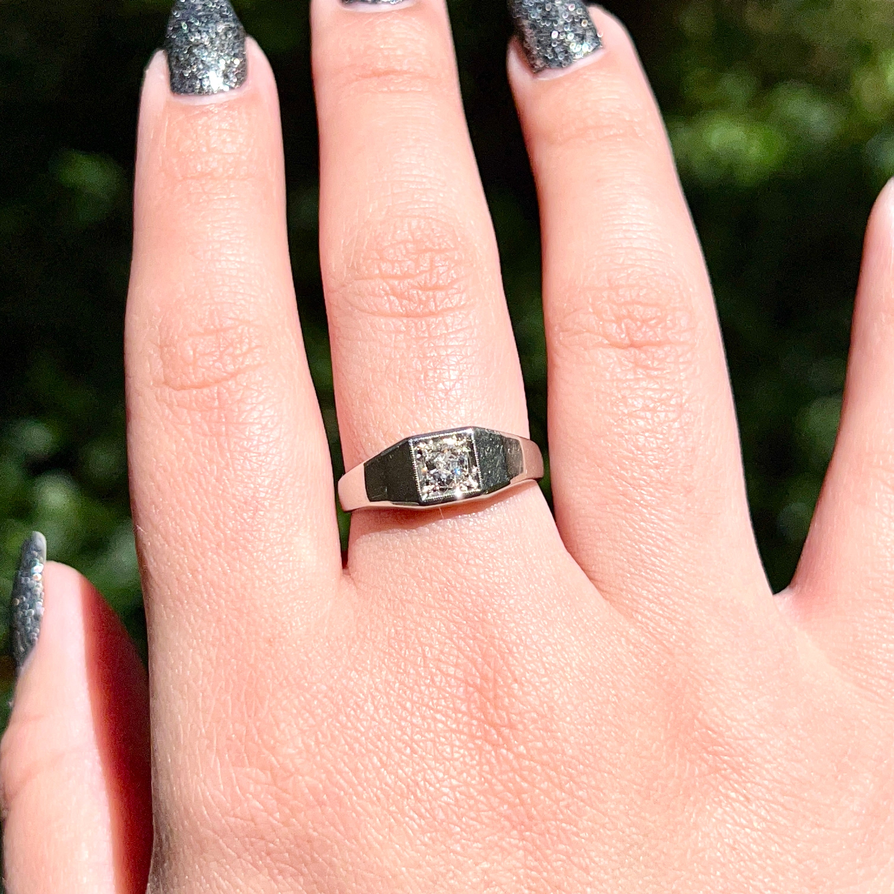 Art Deco 14K White Gold Old European Cut Diamond Ring, Size 7.75