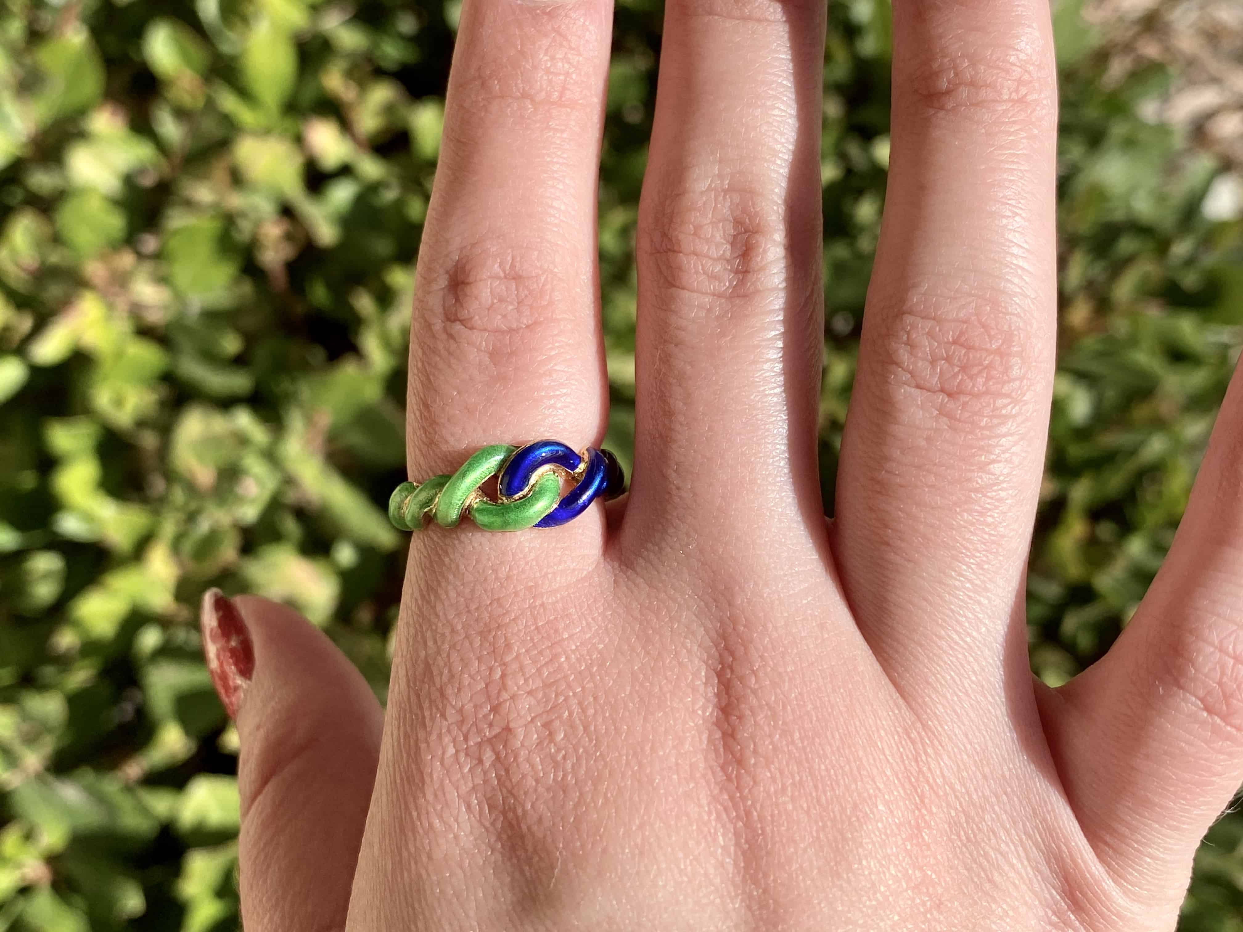 Vintage Blue and Green Enamel Gold Knot Ring, Size 7.75