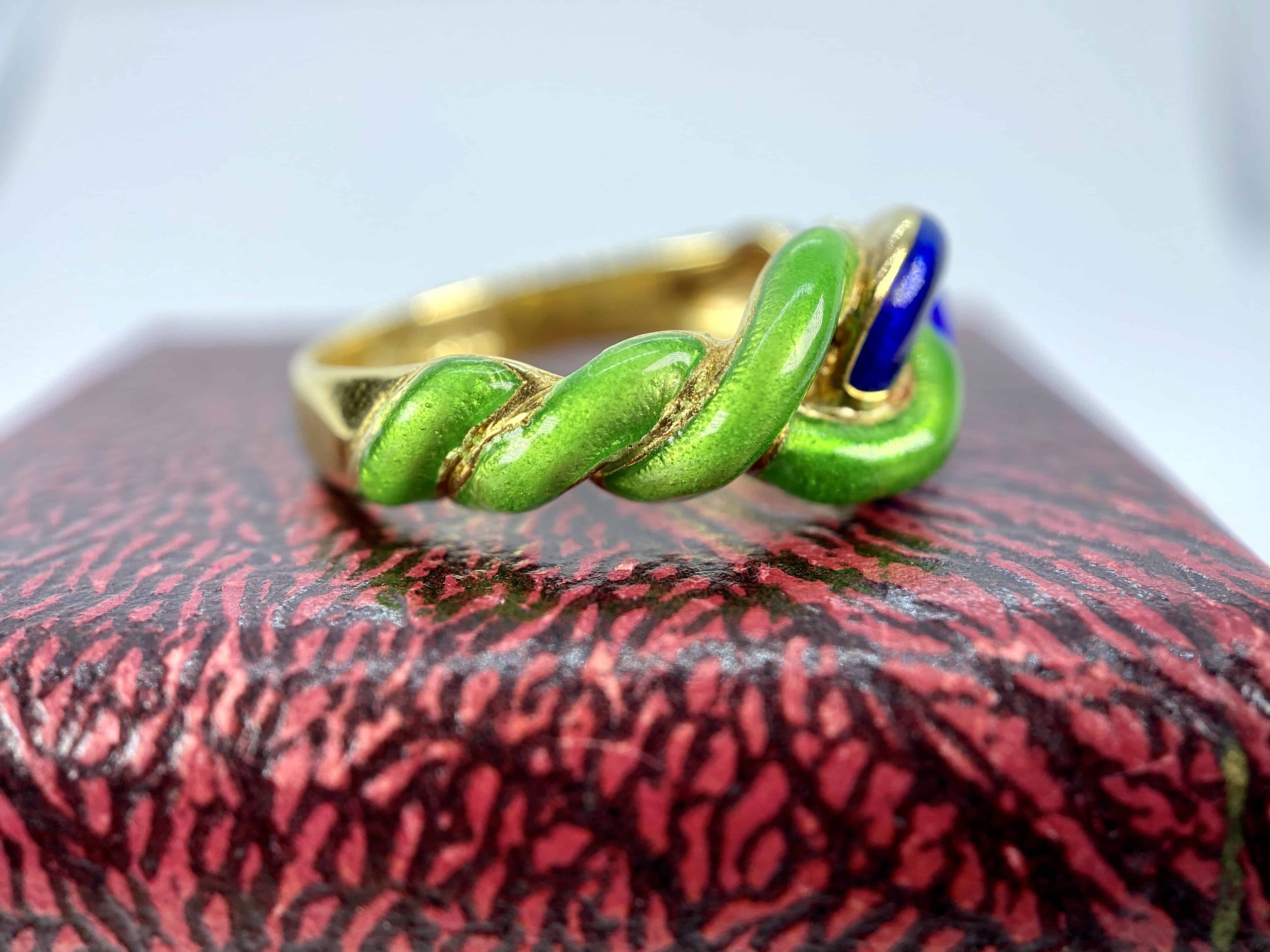 Vintage Blue and Green Enamel Gold Knot Ring, Size 7.75