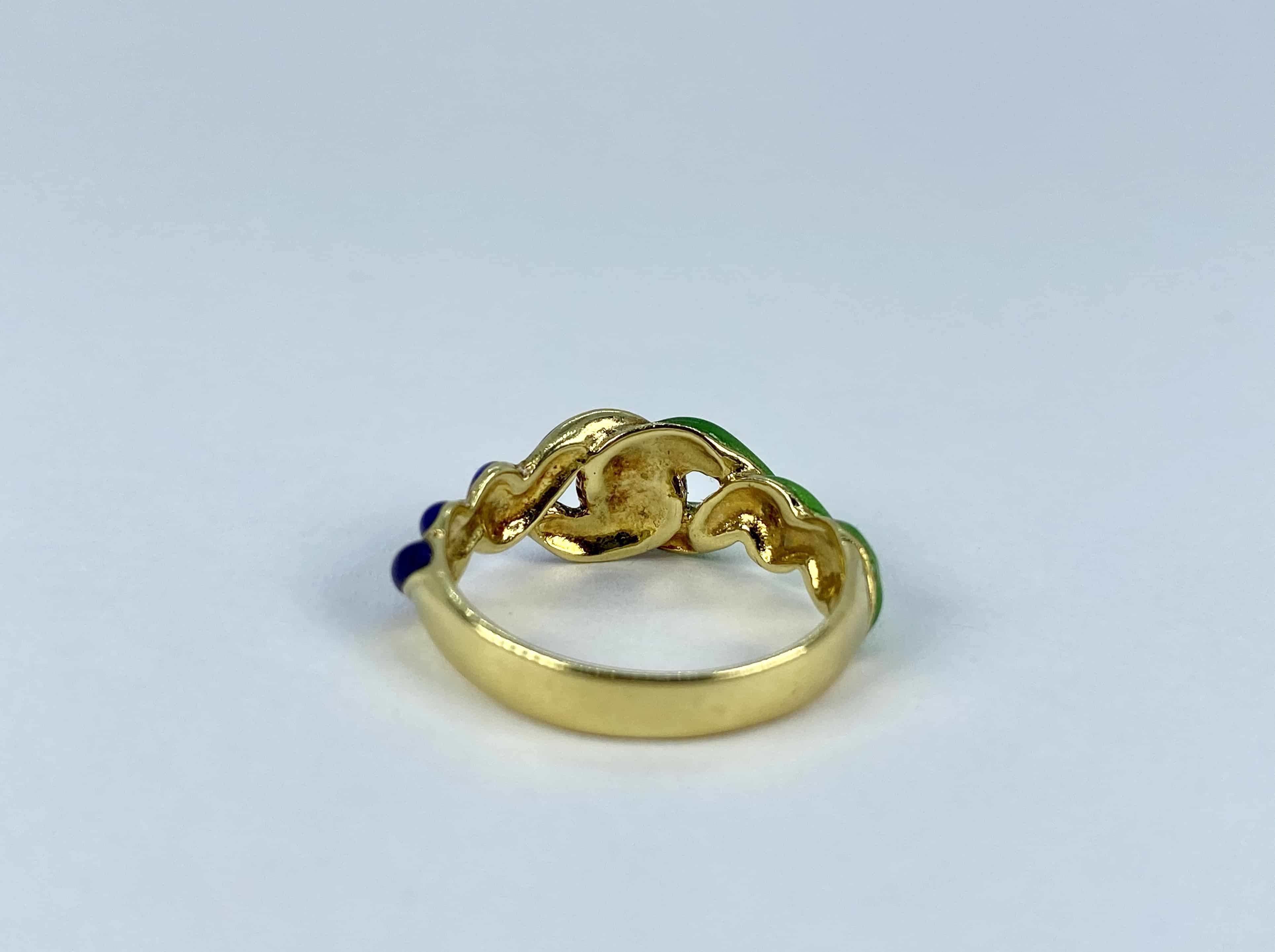 Vintage Blue and Green Enamel Gold Knot Ring, Size 7.75