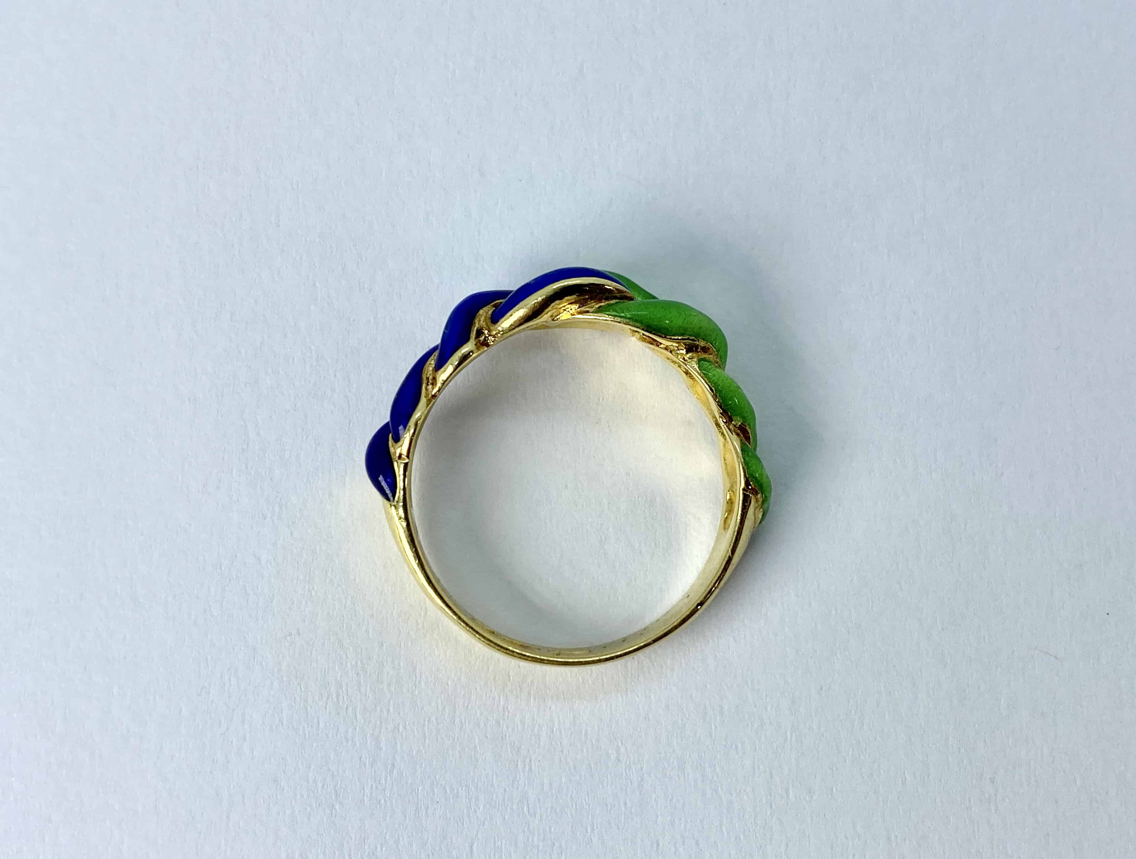 Vintage Blue and Green Enamel Gold Knot Ring, Size 7.75