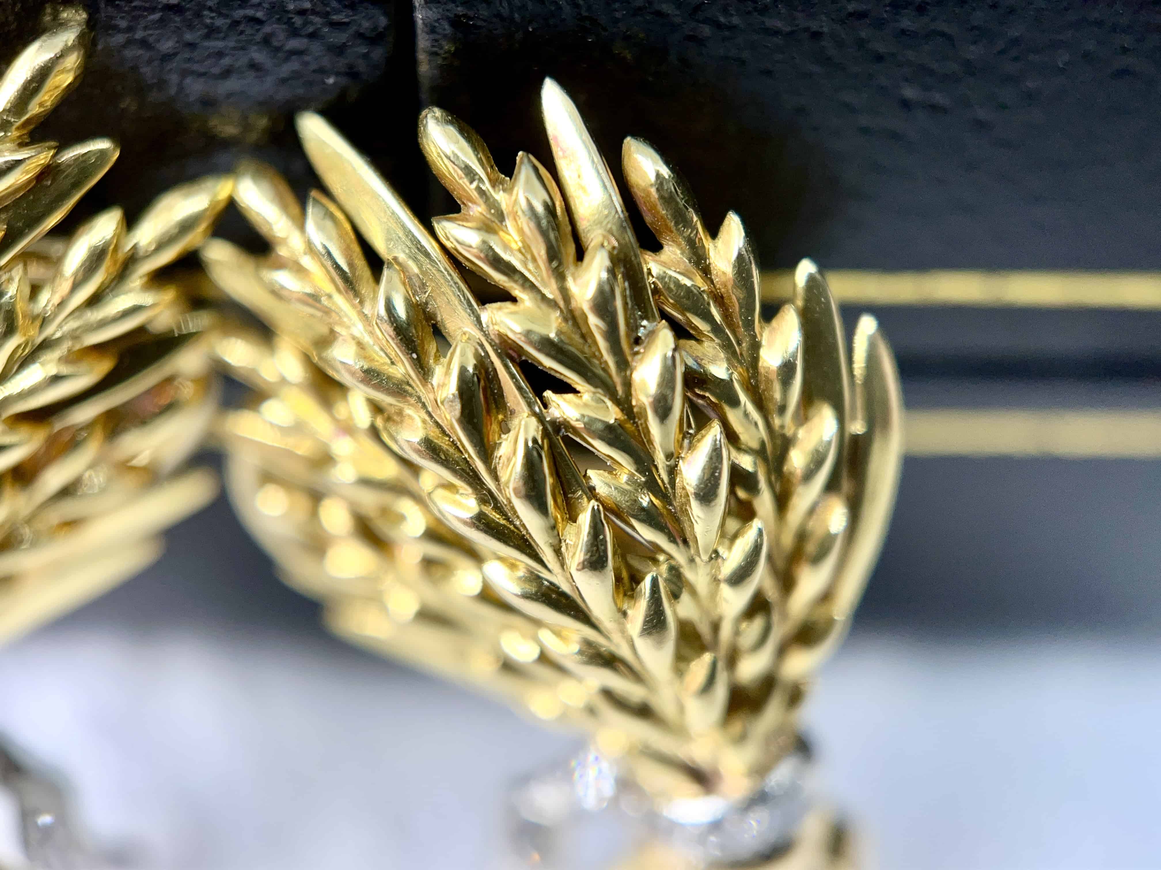Vintage Gold, Platinum, & Diamond Wheat Stalk Clip On Earrings